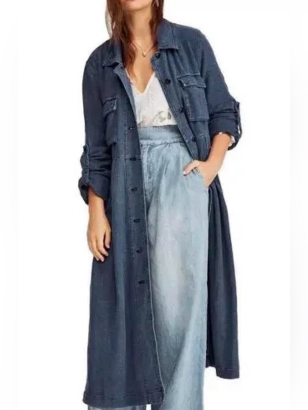 Free People Rainz Linen Blend Duster Maxi Dress blue denim Grey Large boho
